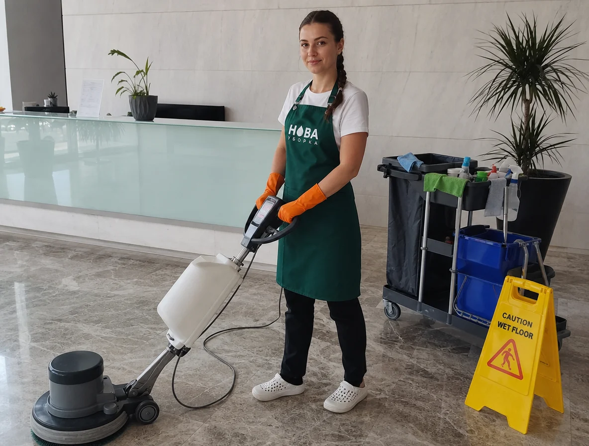 Curățenia unui centru de afaceri: lustruirea podelei din piatră în hol — curățătorul NovaClean