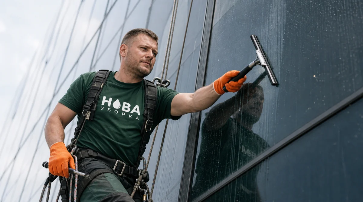 Spălarea fațadei de sticlă a centrului de afaceri de către alpinist industrial