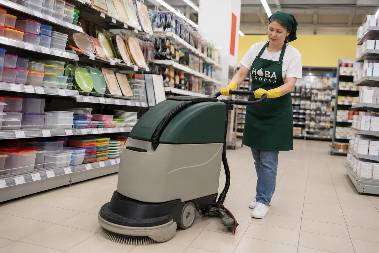 Curățenie magazin cu mașină de spălat pardoseli — companie de curățenie NovaClean