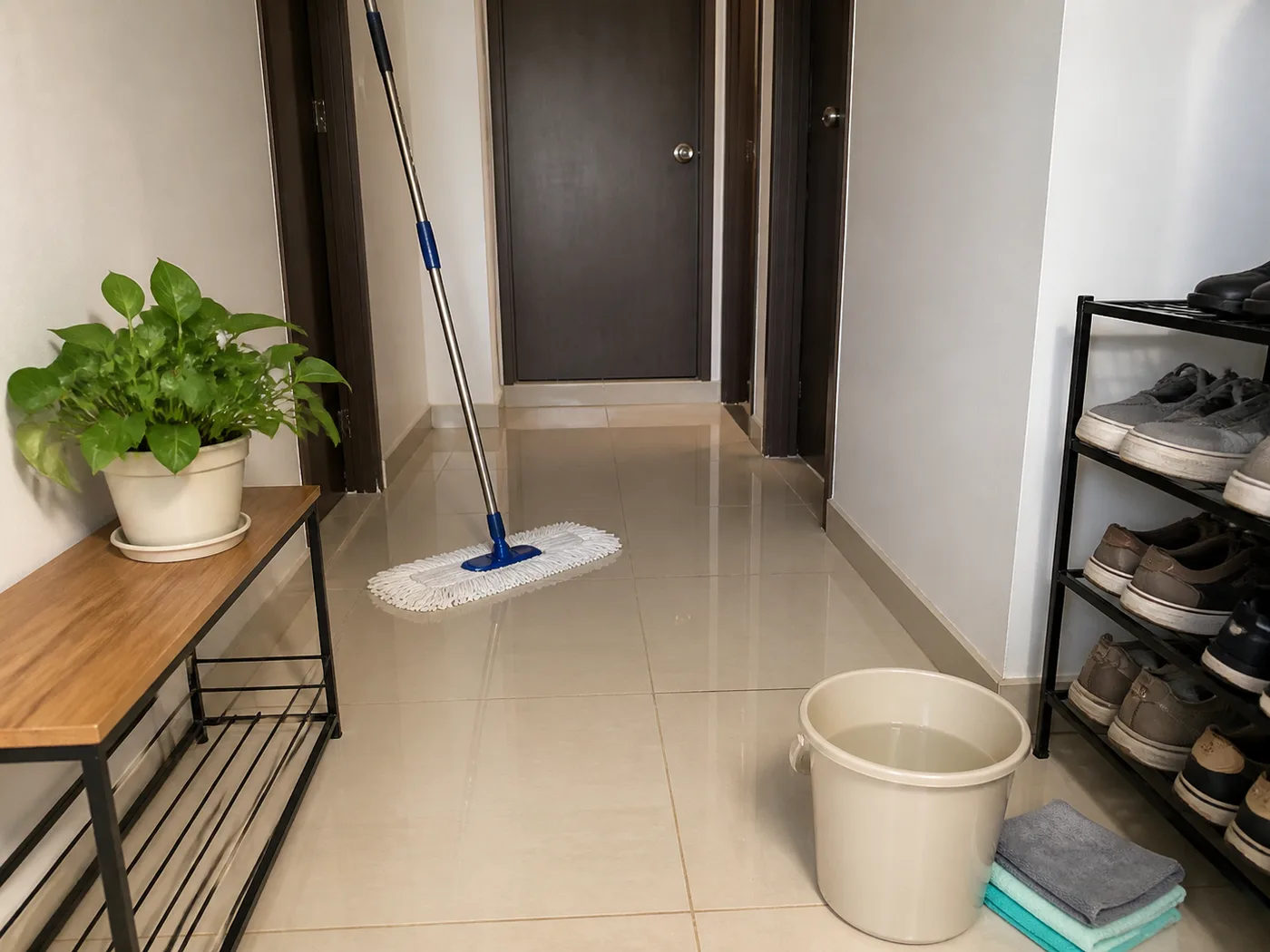 Curățenia holului cu microfibre și apă curată