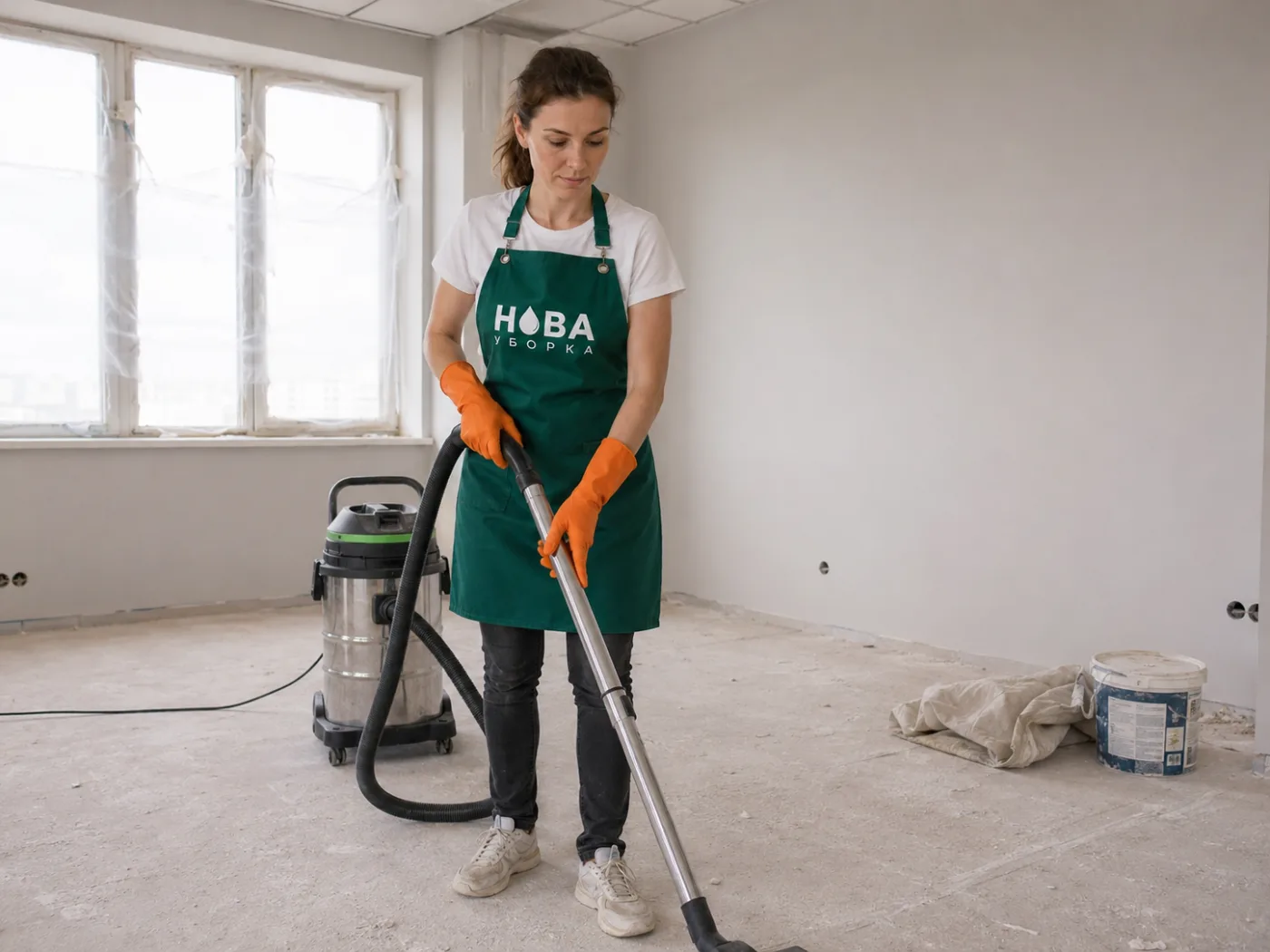 Curățătorul îndepărtează praful de construcție cu un aspirator industrial
