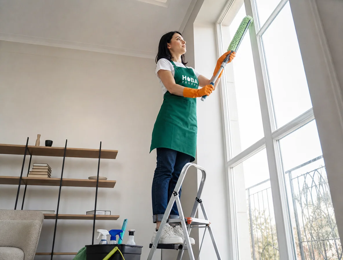 Spălarea geamurilor înalte în apartament: curățătorul NovaClean spală cercevea superioară de pe scară
