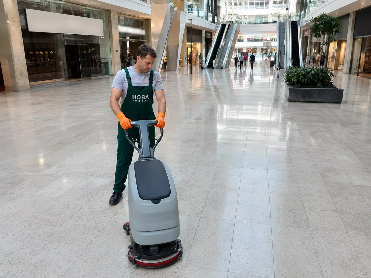 Curățător NovaClean cu mașină de spălat pardoseli în centrul comercial
