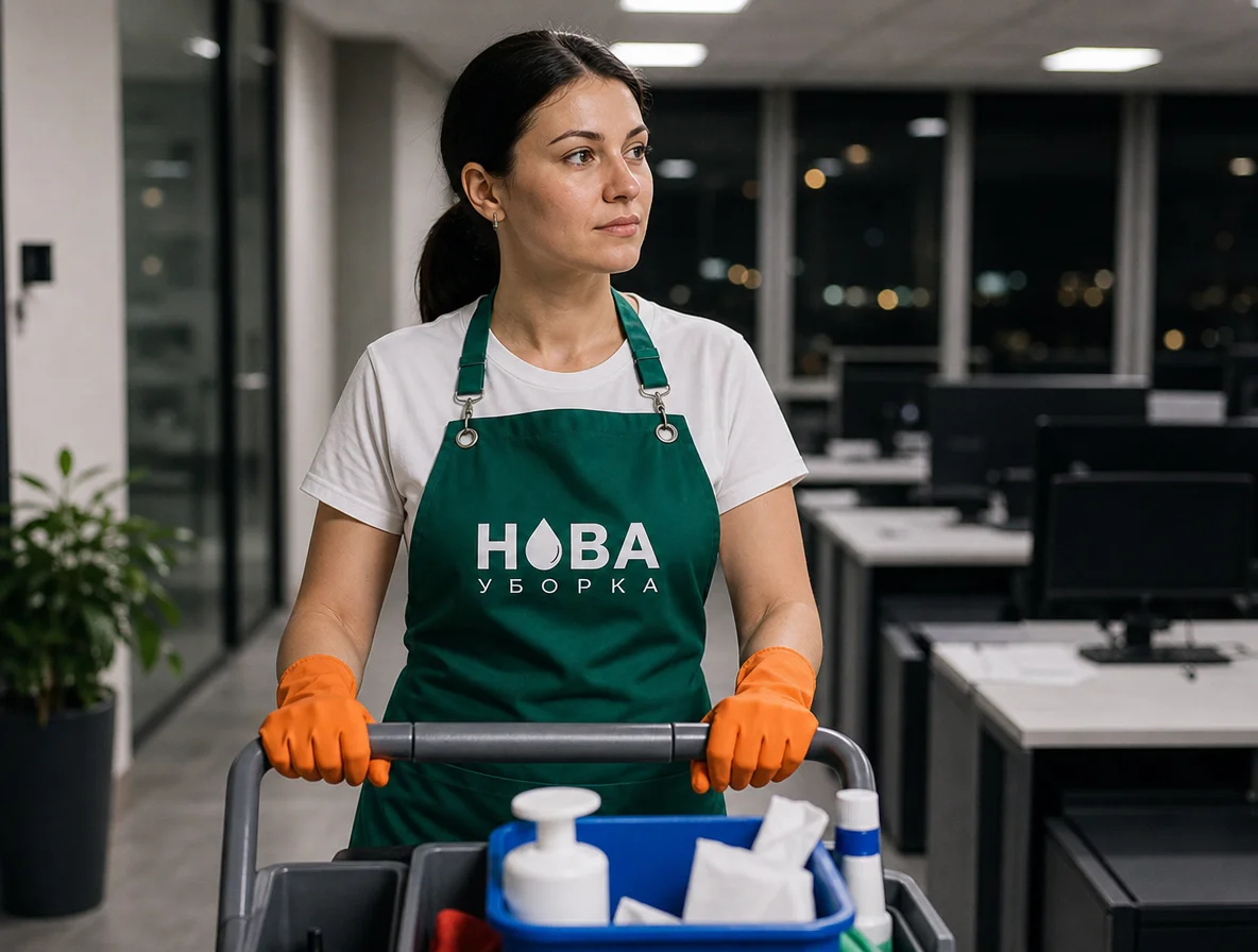 Curățenie nocturnă de birou — curățător NovaClean cu cărucior după închidere