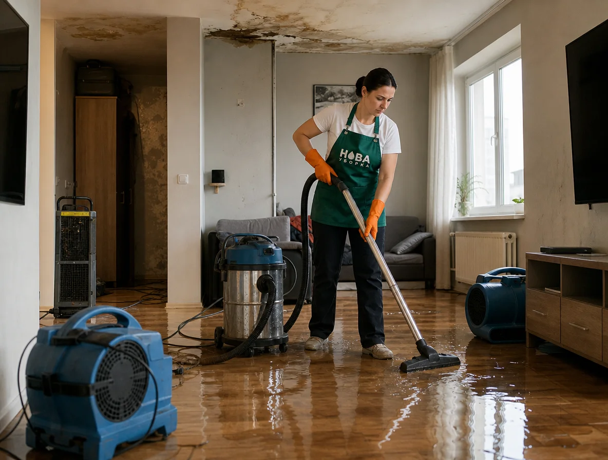Eliminarea consecințelor inundației: pomparea apei de pe podea cu aspirator profesional de apă — echipa NovaClean