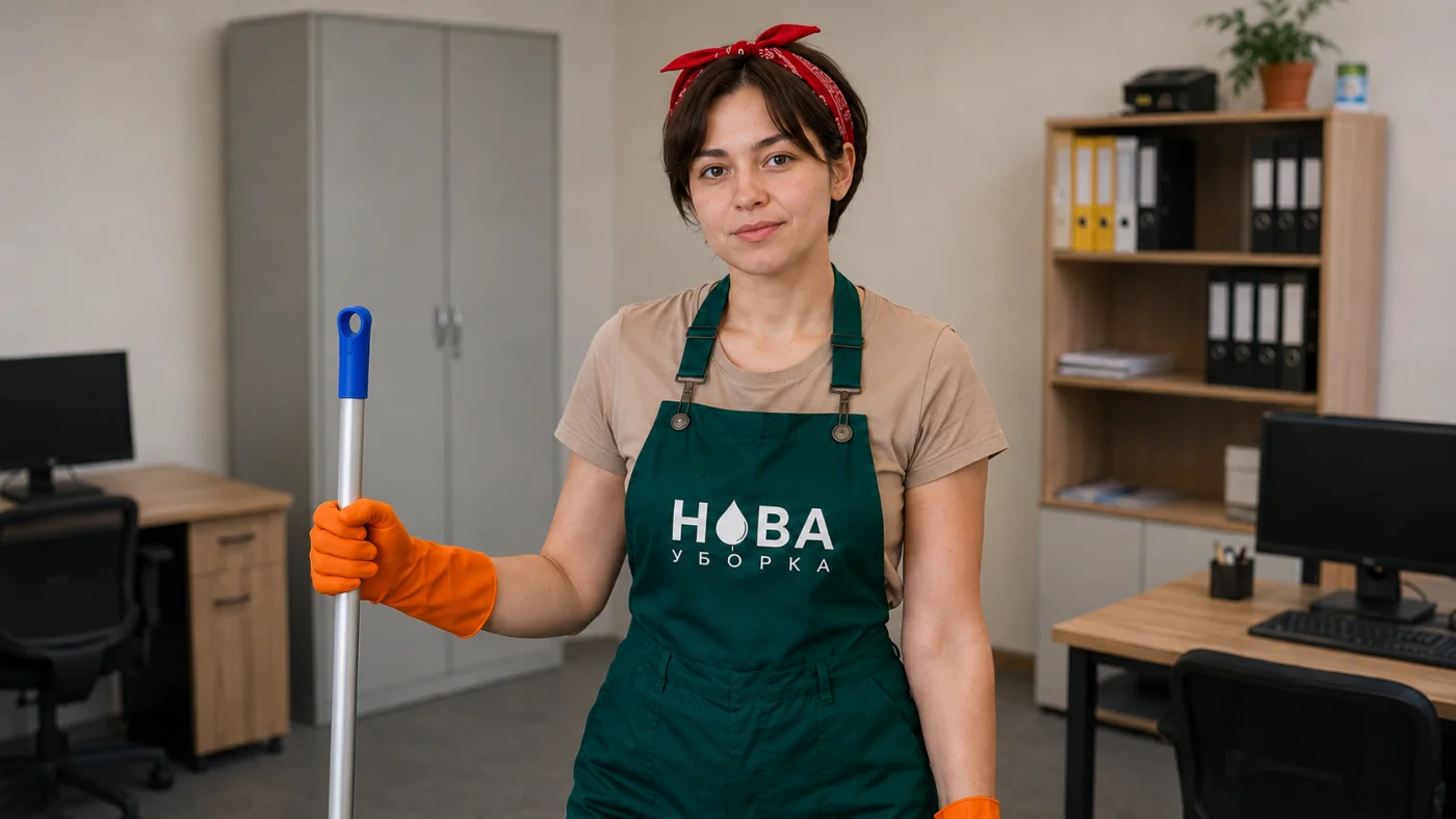 Curățător NovaClean cu echipament în birou — curățenia birourilor în Chișinău