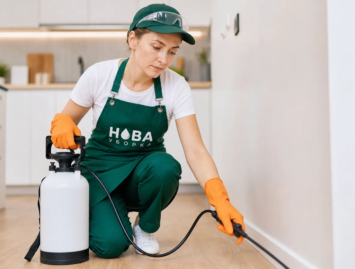 Tratamentul apartamentului împotriva insectelor — specialist NovaClean cu pulverizator