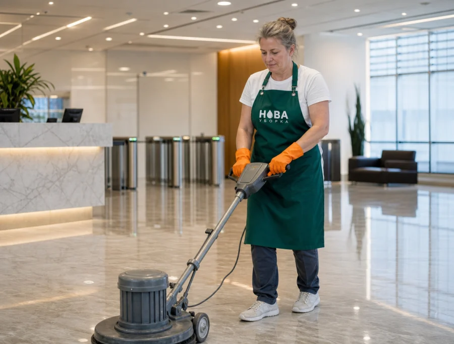 Curățenia holului unui centru de afaceri: lustruirea podelei de piatră cu o mașină cu un singur disc