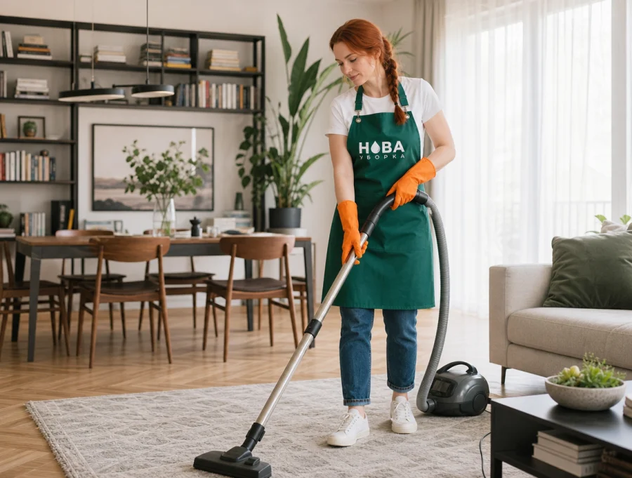 Curățenia unui apartament cu patru camere: curățarea covorului în livingul spațios