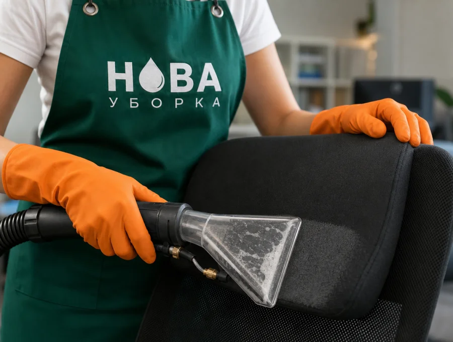 Curățare chimică a scaunului de birou cu extractor — spuma elimină murdăria din tapițerie