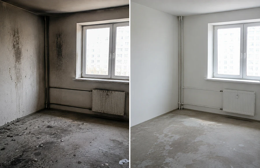 Cameră după incendiu: înainte și după curățenia NovaClean — perete și geam