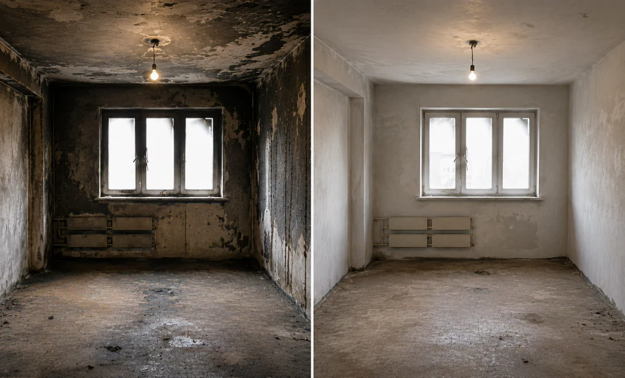Cameră după incendiu: înainte și după curățenia NovaClean — tavan și podea