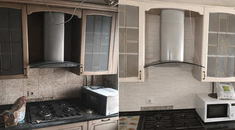 Bucătărie după incendiu: înainte și după curățenie NovaClean — hotă și mobilier