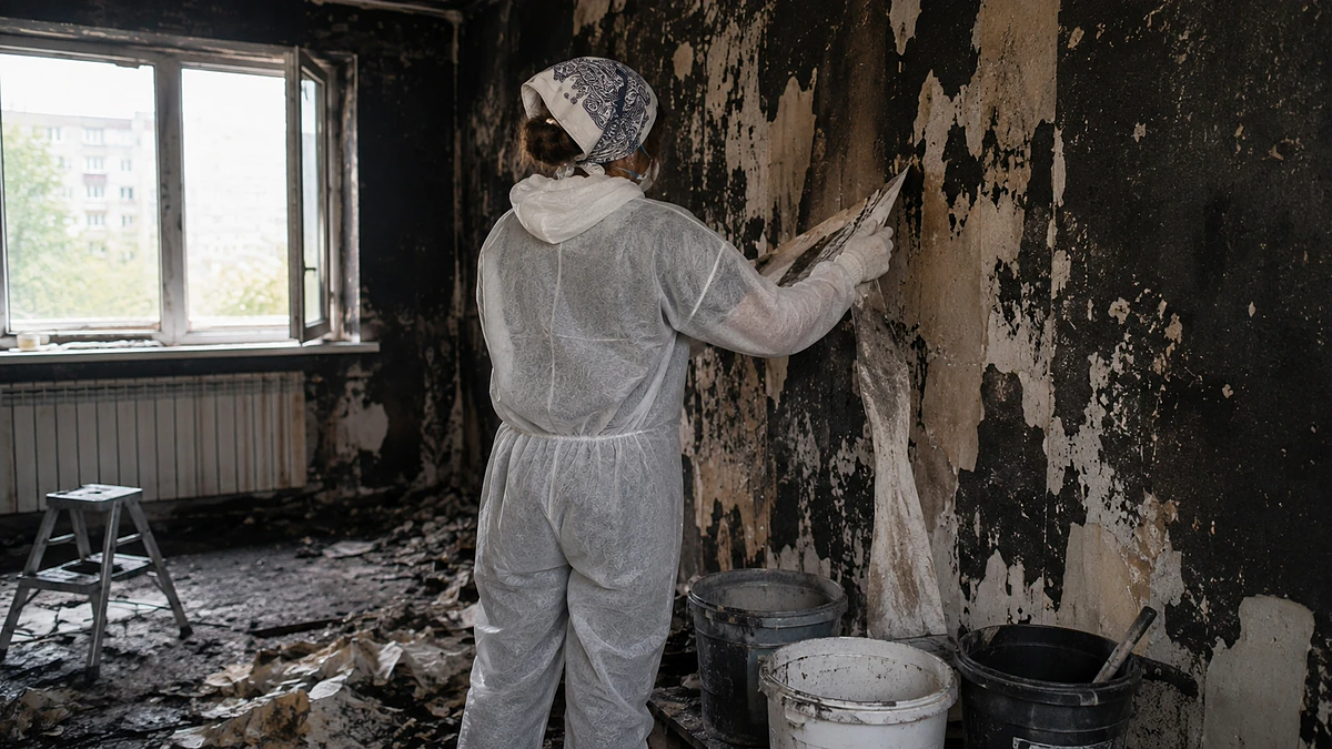 Specialistul companiei NovaClean la fața locului înlătură consecințele incendiului