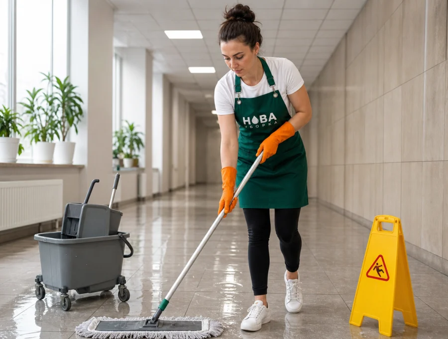 Curățenie umedă a coridorului cu mop profesional și cărucior cu presă