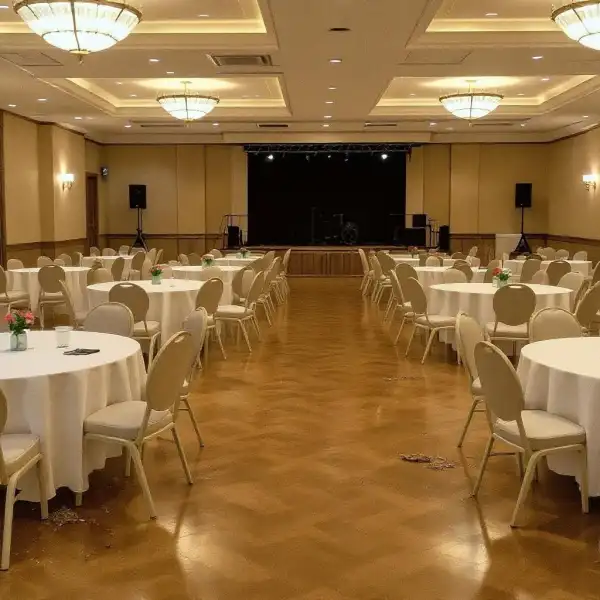Sală de banchet într-un hotel după eveniment - înainte de curățenie